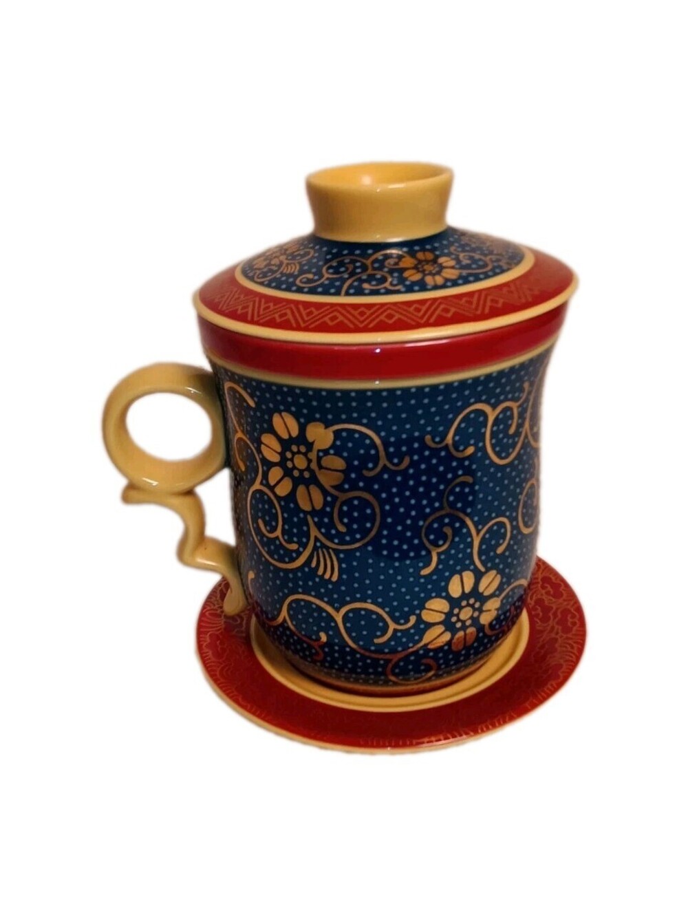 TOLIFO Kutani-Style Blue Porcelain Tea Mug Set with Lid, Saucer and strainer